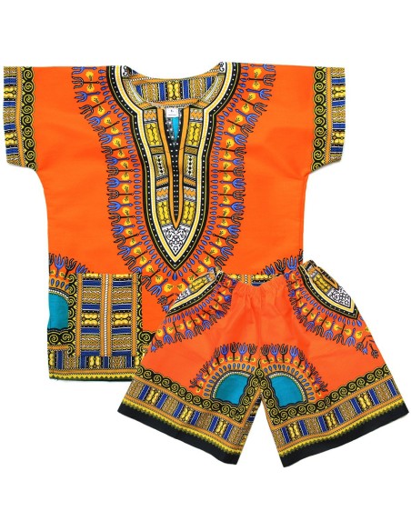 Conjunto de Camiseta y Pantalón Corto naranja Dashiki para Niño