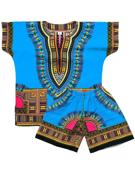 Conjunto de camiseta Dashiki celeste y pantalón corto para niño