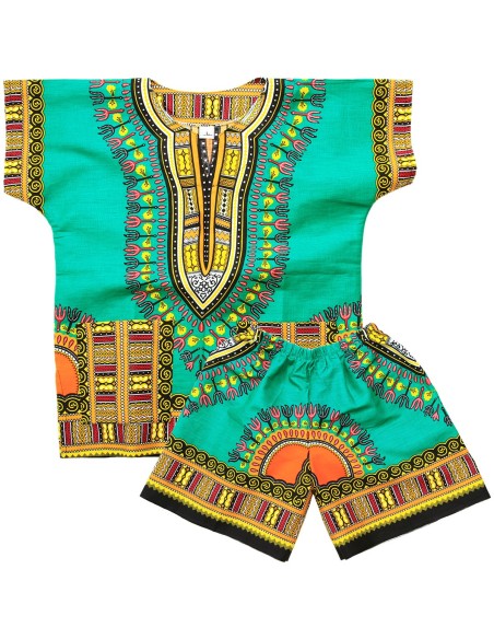 Ensemble T-shirt et Short vert Dashiki pour enfant