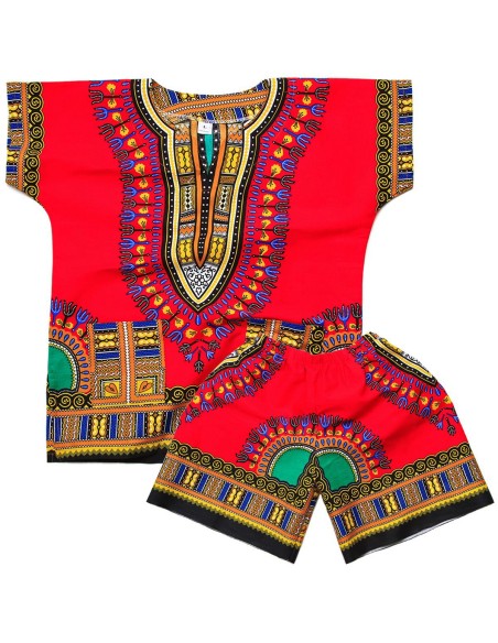 Conjunto de Camiseta y Pantalón Corto rojo Dashiki para Niño