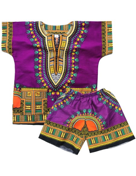 Conjunto de Camiseta y Pantalón Corto morado Dashiki para Niño