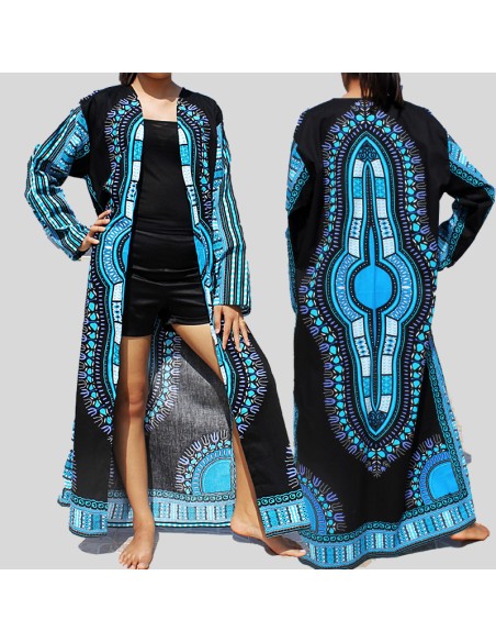 Kimono Dashiki bleu et noir pour femme