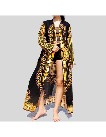 Black and Yellow Dashiki Kimono for women